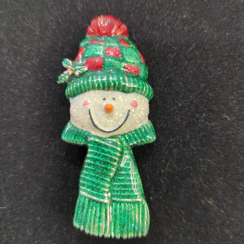 Christmas Pin Glittery Snowman Wearing Scarf with Holly &‎ Berries 2 3/4 Inches